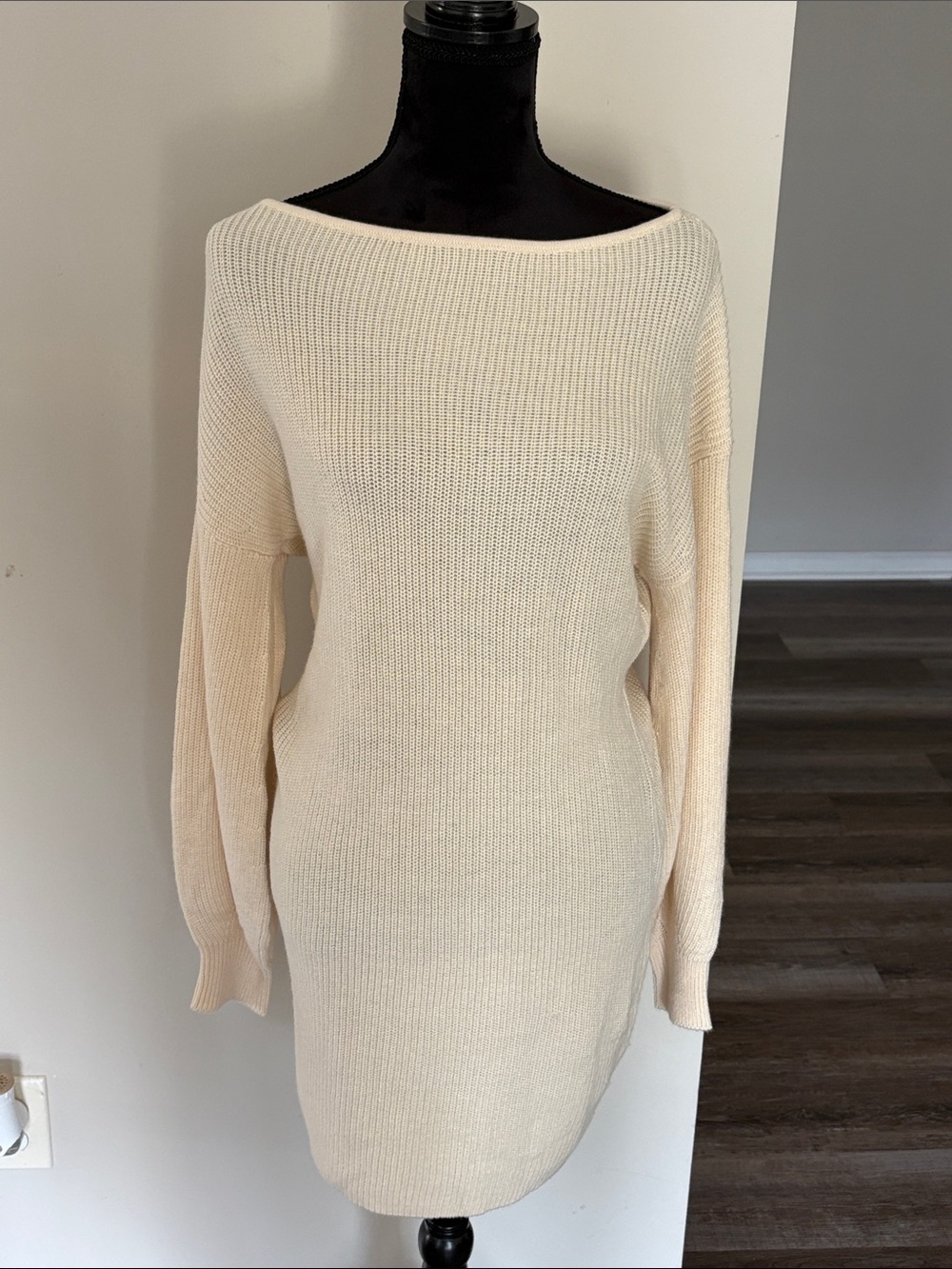 Off-Shoulder Cream Knit Sweater Dress
